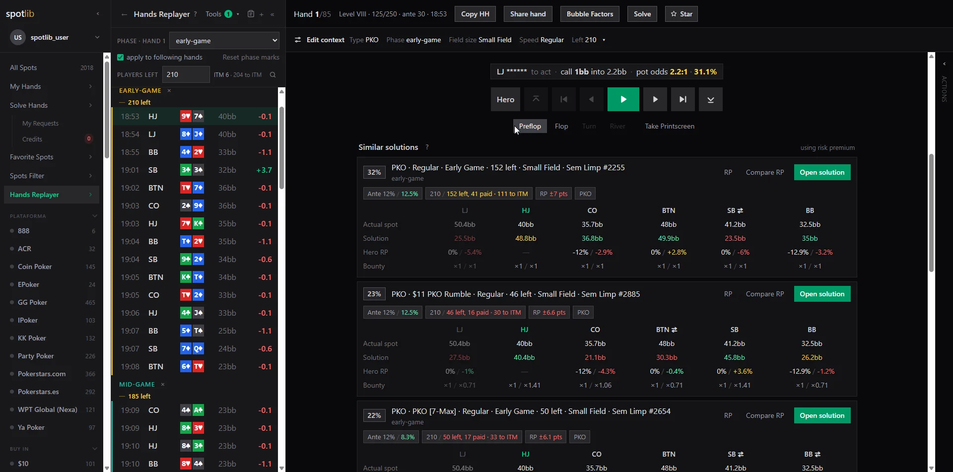 Replayer de mãos de torneio de poker com spots semelhantes e risk premium